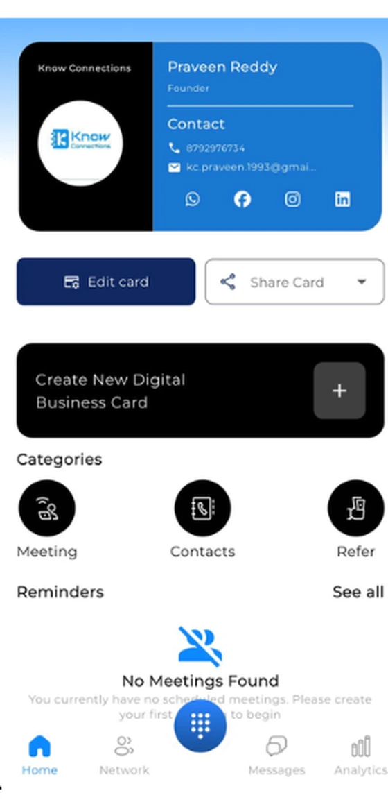 Know Connections app: create new digital business card
